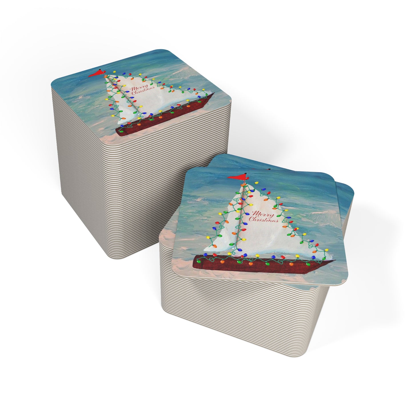 Christmas nautical boat parade with colorful Holiday lights party Coasters Set Hardboard (50 or 100 pcs) Size 4 x 4 inches.