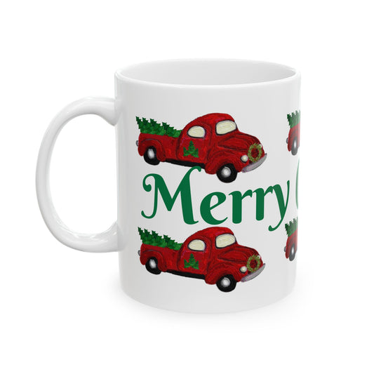 Red country pick up truck  Christmas Ceramic Mug (11oz, 15oz) - Coastal Holiday Coffee Cup - Great Christmas Gift