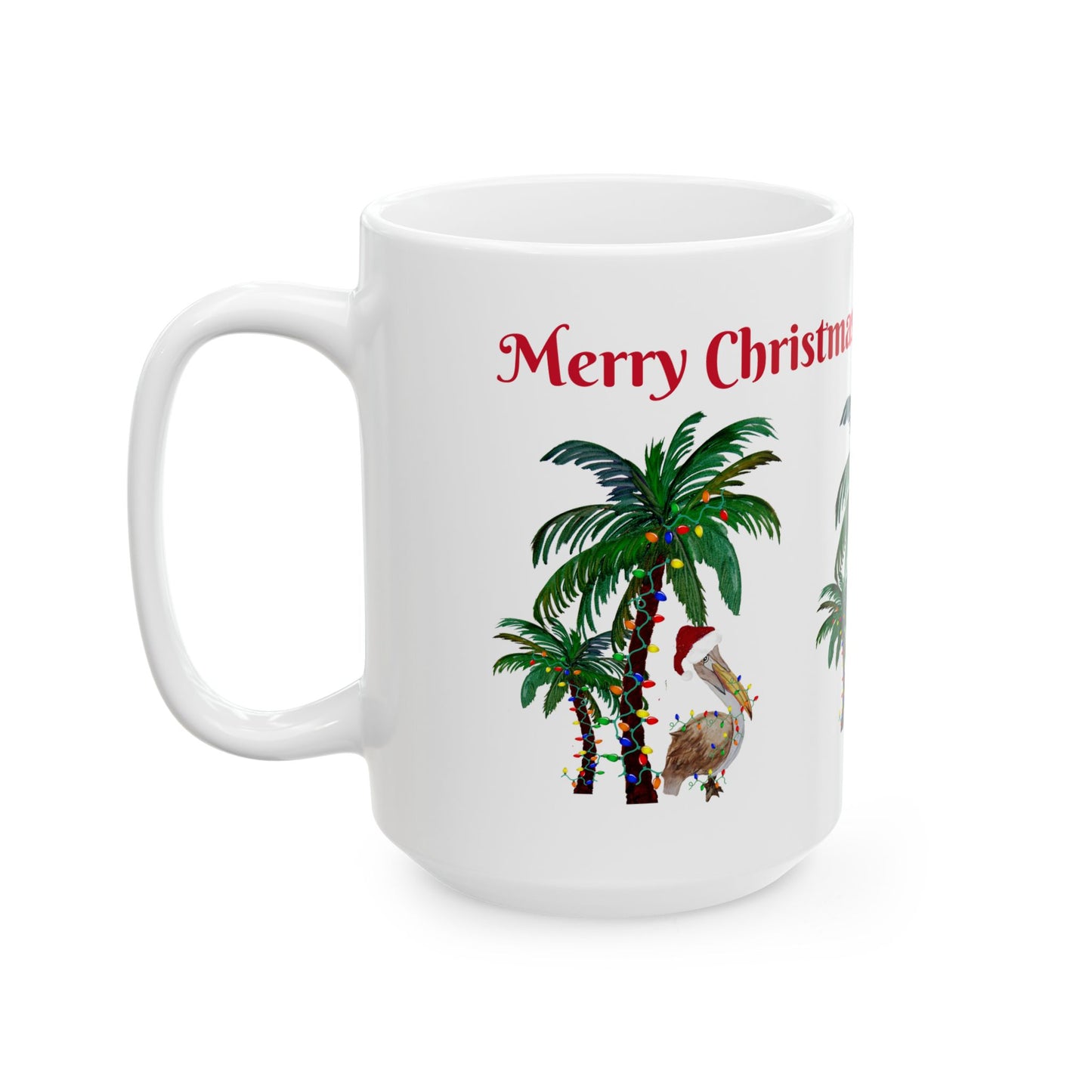 Pelican tropical Christmas with decorated palm trees Ceramic Mug (11oz, 15oz) - Coastal Holiday Coffee Cup - Great Christmas Gift