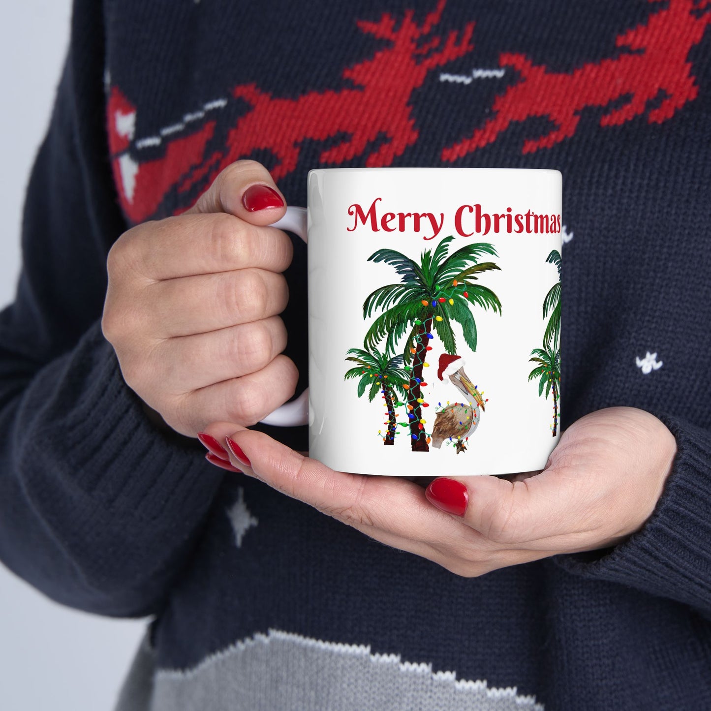 Pelican tropical Christmas with decorated palm trees Ceramic Mug (11oz, 15oz) - Coastal Holiday Coffee Cup - Great Christmas Gift