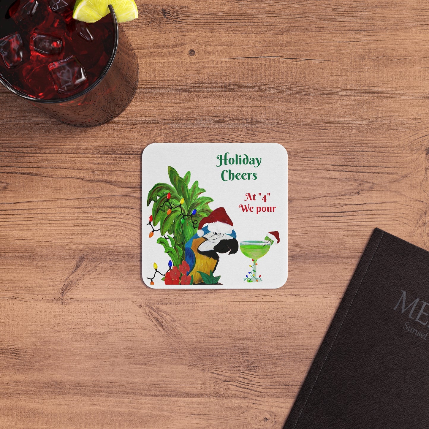 Coasters Set Christmas Parrot Head Holiday Margarita Party Bar Hardboard (50 or 100 pcs) Size 4&quot; square