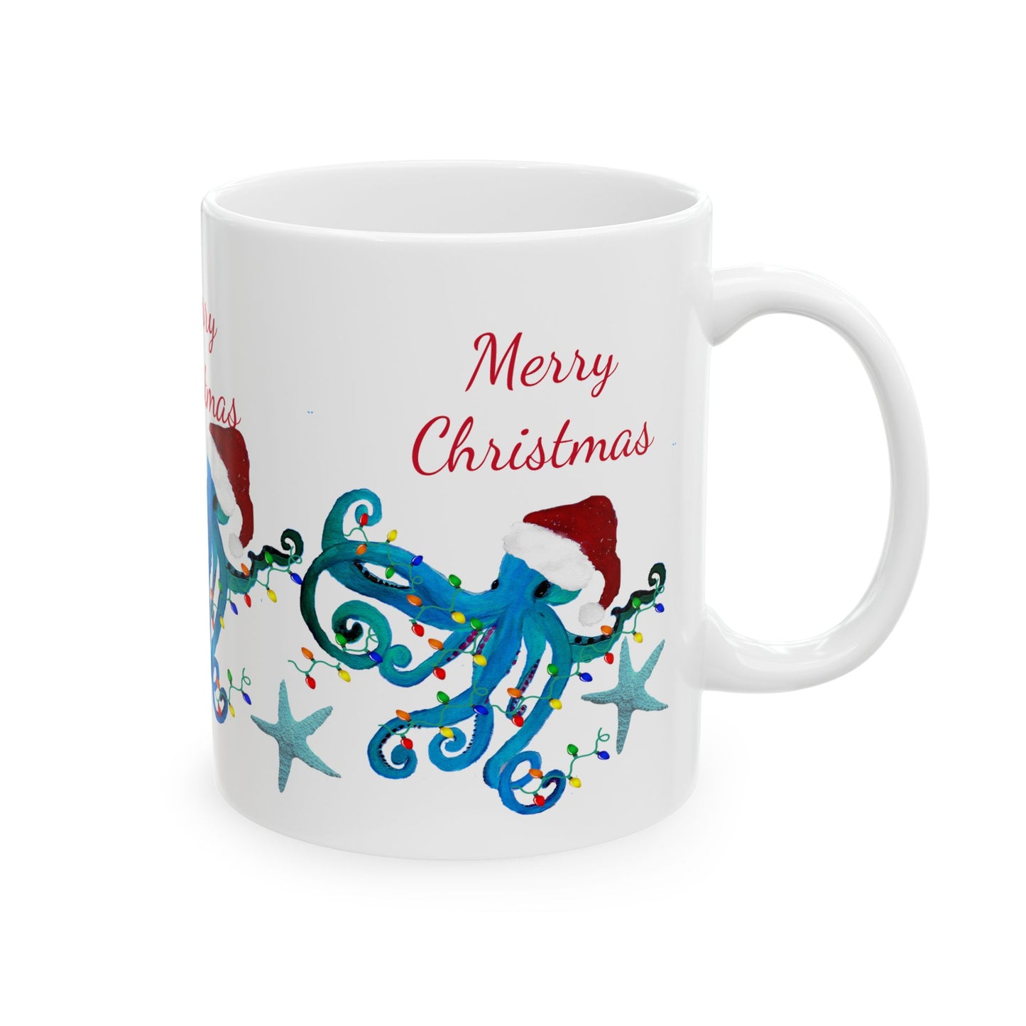 Christmas blue octopus Ceramic Mug (11oz, 15oz) - Coastal Holiday Coffee Cup - Great Christmas Gift