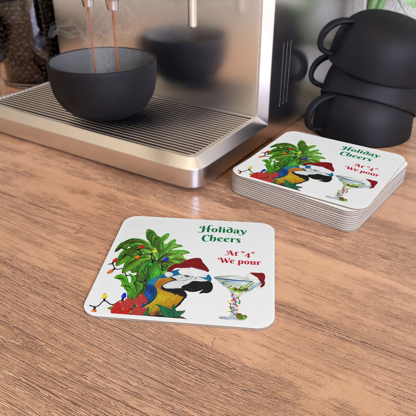 Martini Christmas Coasters Set Parrot Head Holiday Martini Party Bar Hardboard (50 or 100 pcs) Size 4 x 4 inches.