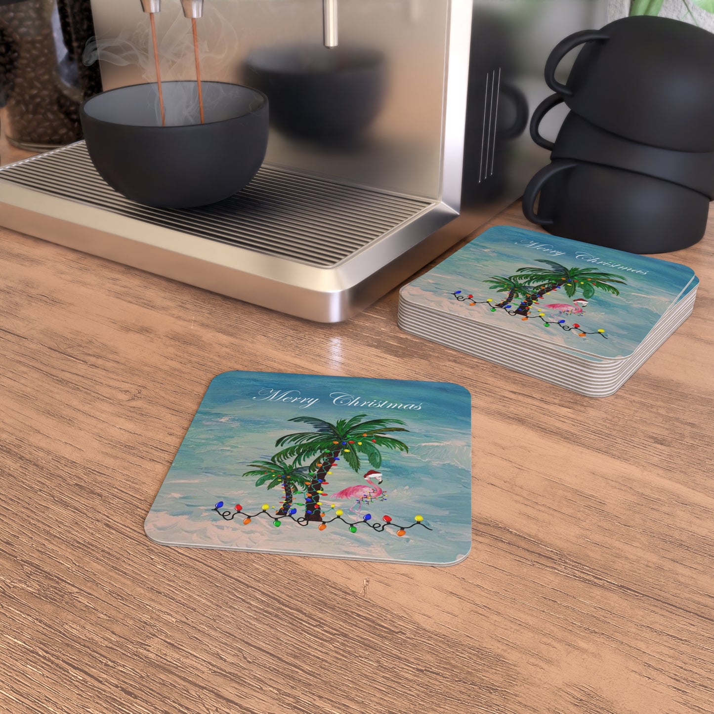 Flamingo and palm trees Christmas tropical Holiday party Coasters Set Hardboard (50 or 100 pcs) Size 4 x 4 inches.