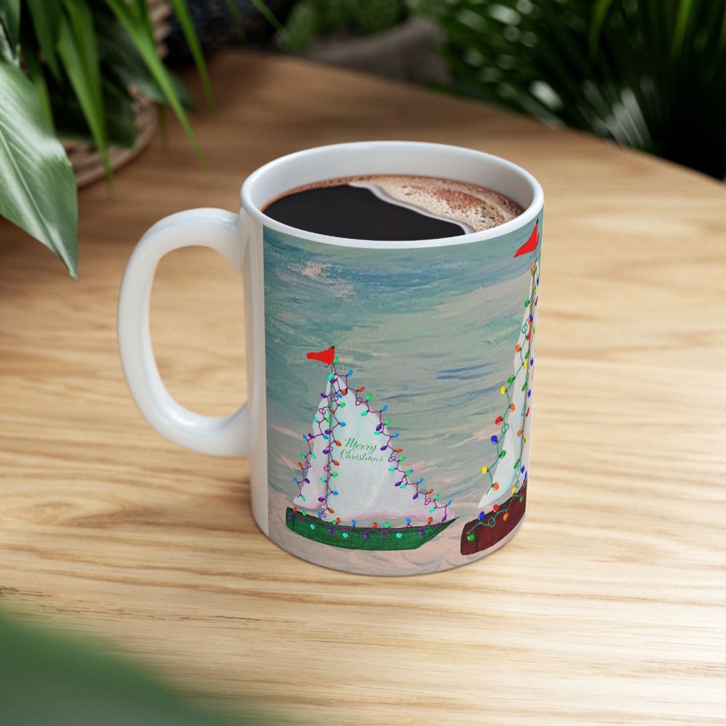 Nautical Christmas red and green sailboats Ceramic Mug (11oz, 15oz) - Coastal Holiday Coffee Cup - Great Christmas Gift