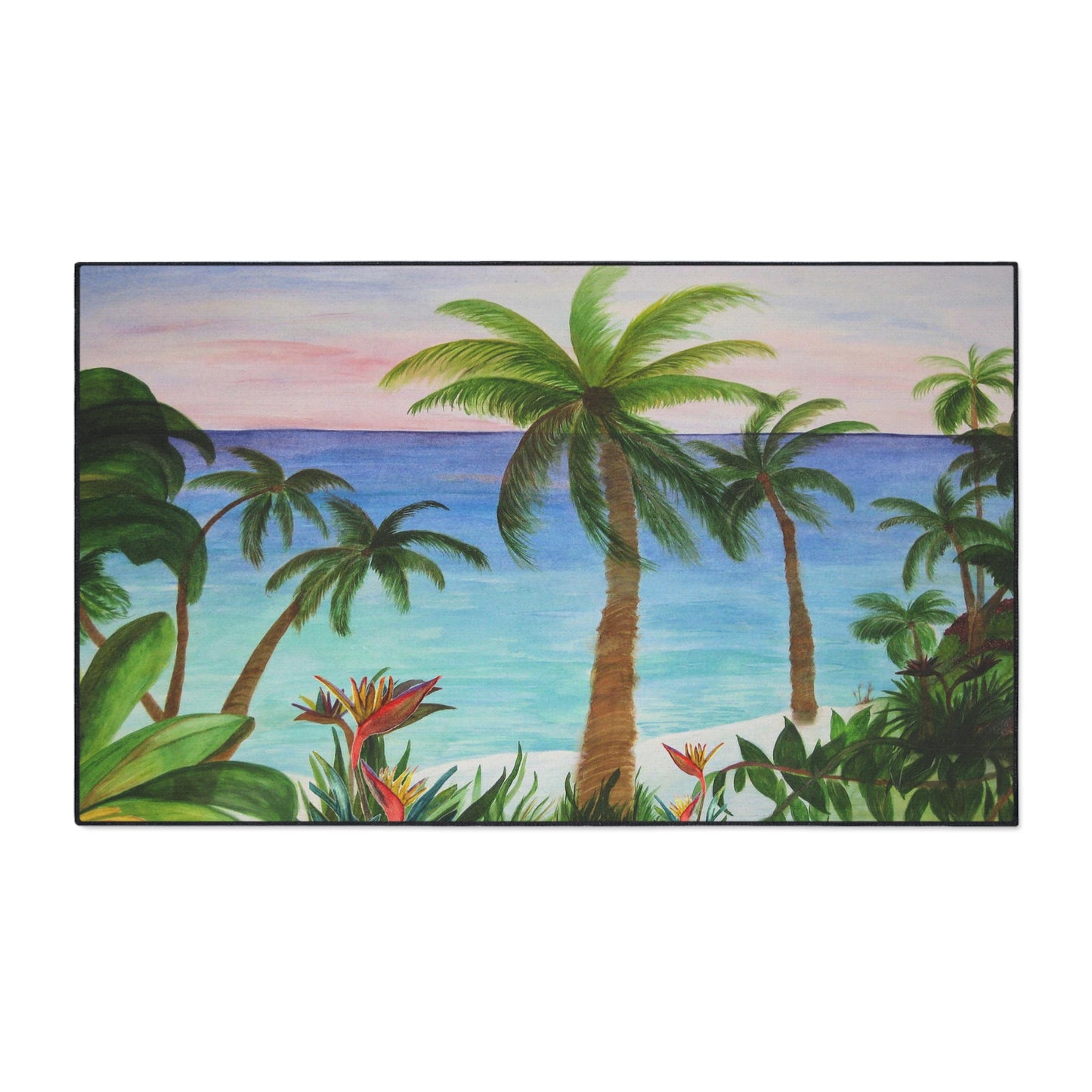 Aqua beach palm trees tropical theme coastal door floormat for indoor or outdoor with Non-Skid Backing, 5 Sizes Available