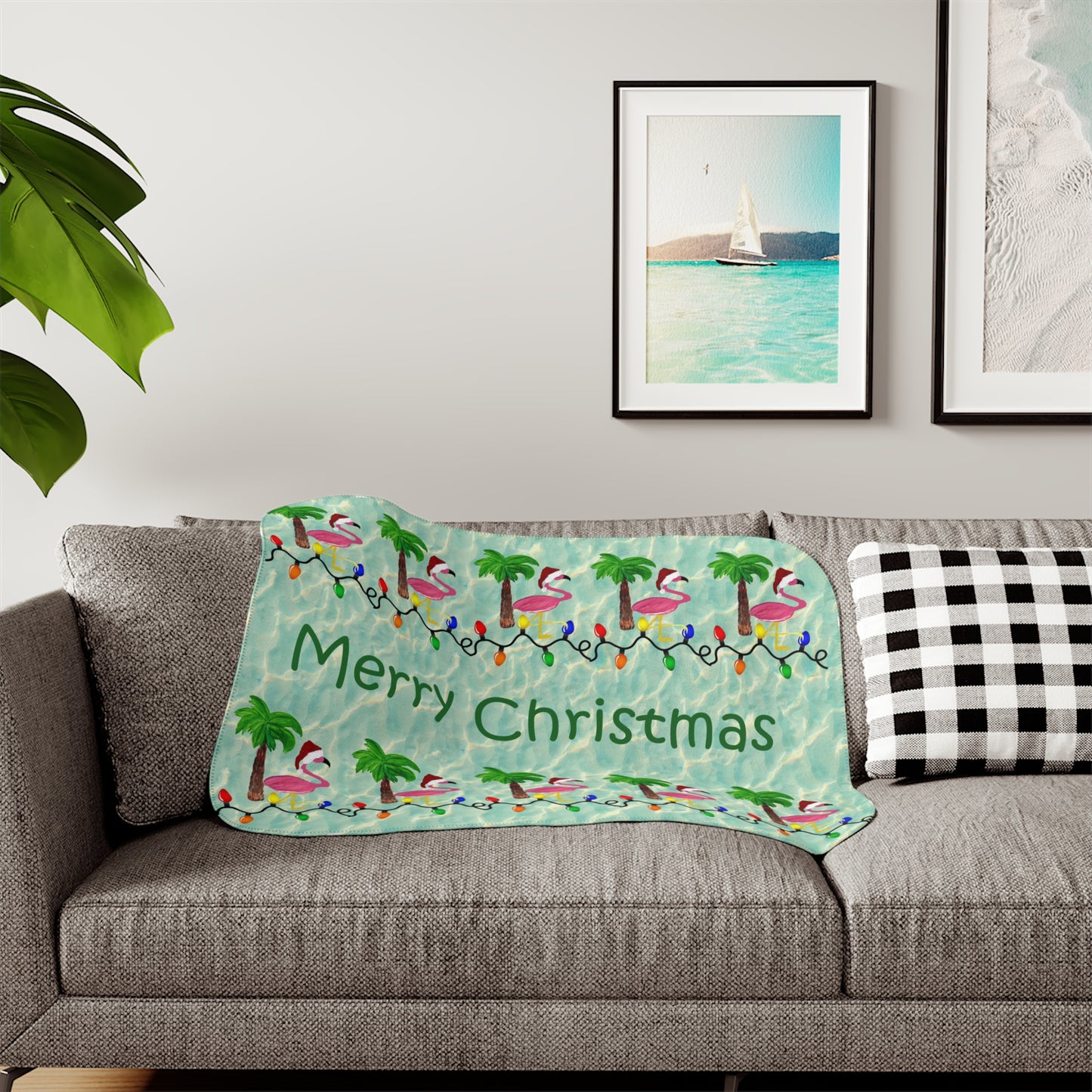 Flamingos with Santa hats Christmas Sherpa Blanket, Two Colors on reverse of grey or beige.