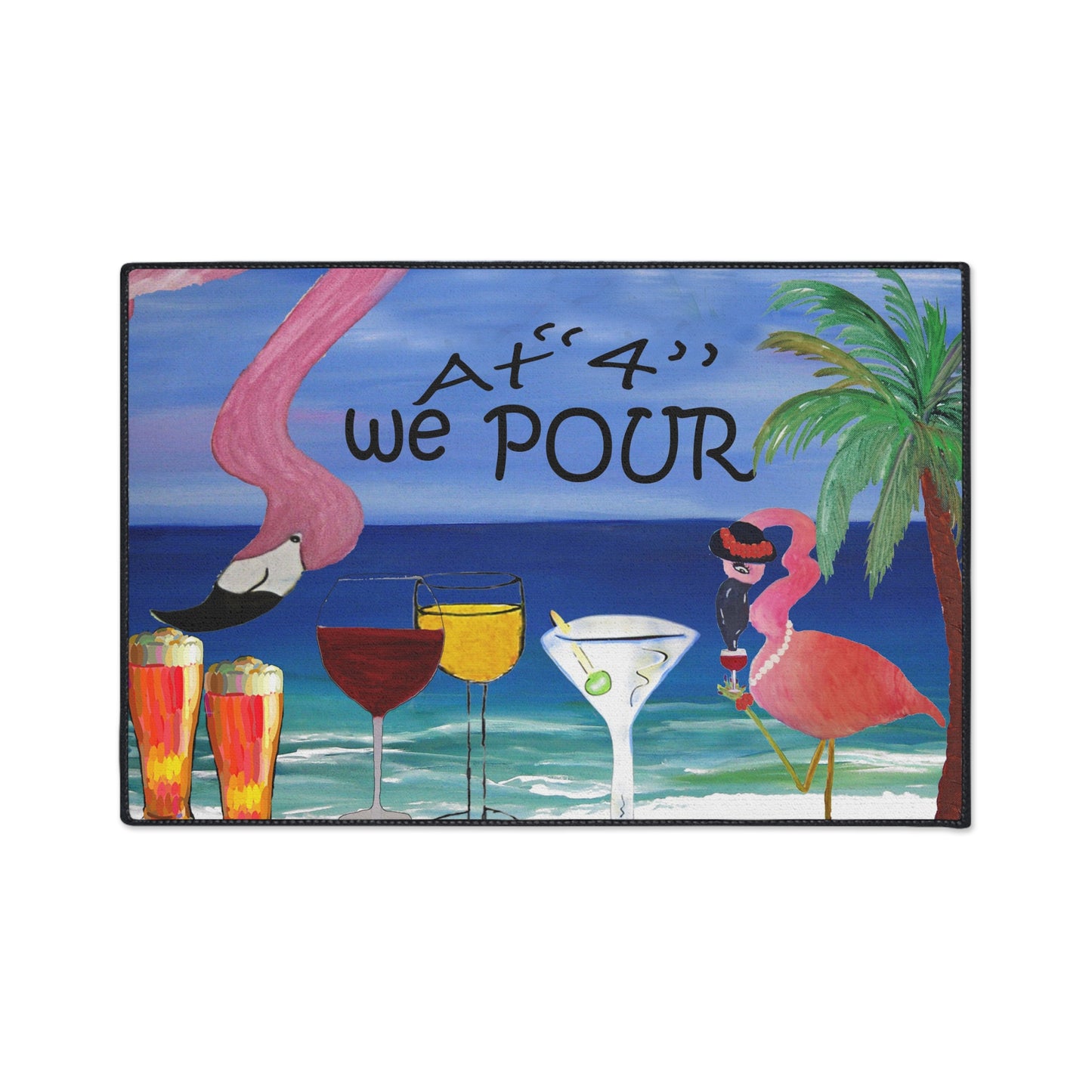 Floor Mat - Flamingo Bar At Four We Pour Funny Tropical Theme Coastal Door Mat, 5 Sizes Available