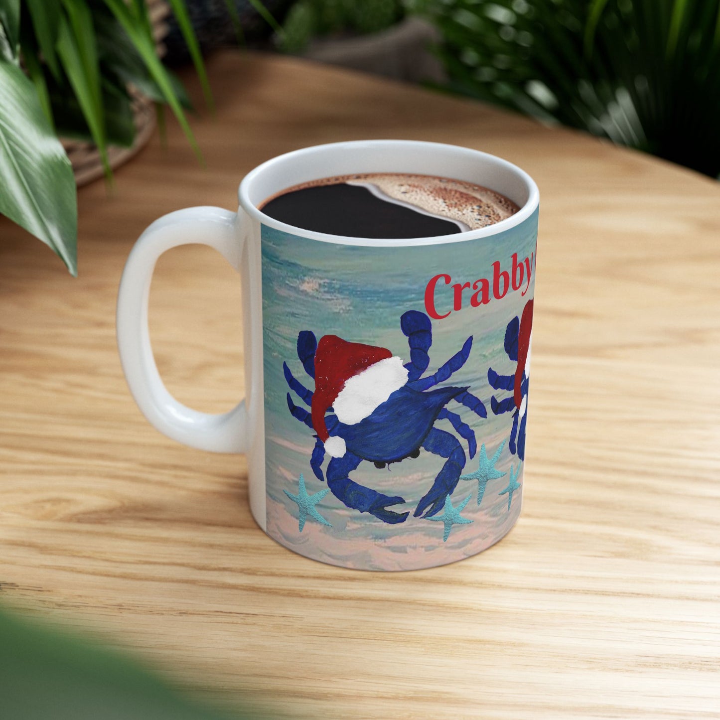 Crabby Christmas blue crab in clearwater beach coastal Holiday party Ceramic Mug (11oz, 15oz) - Coffee Cup - Funny Christmas Gift mug.