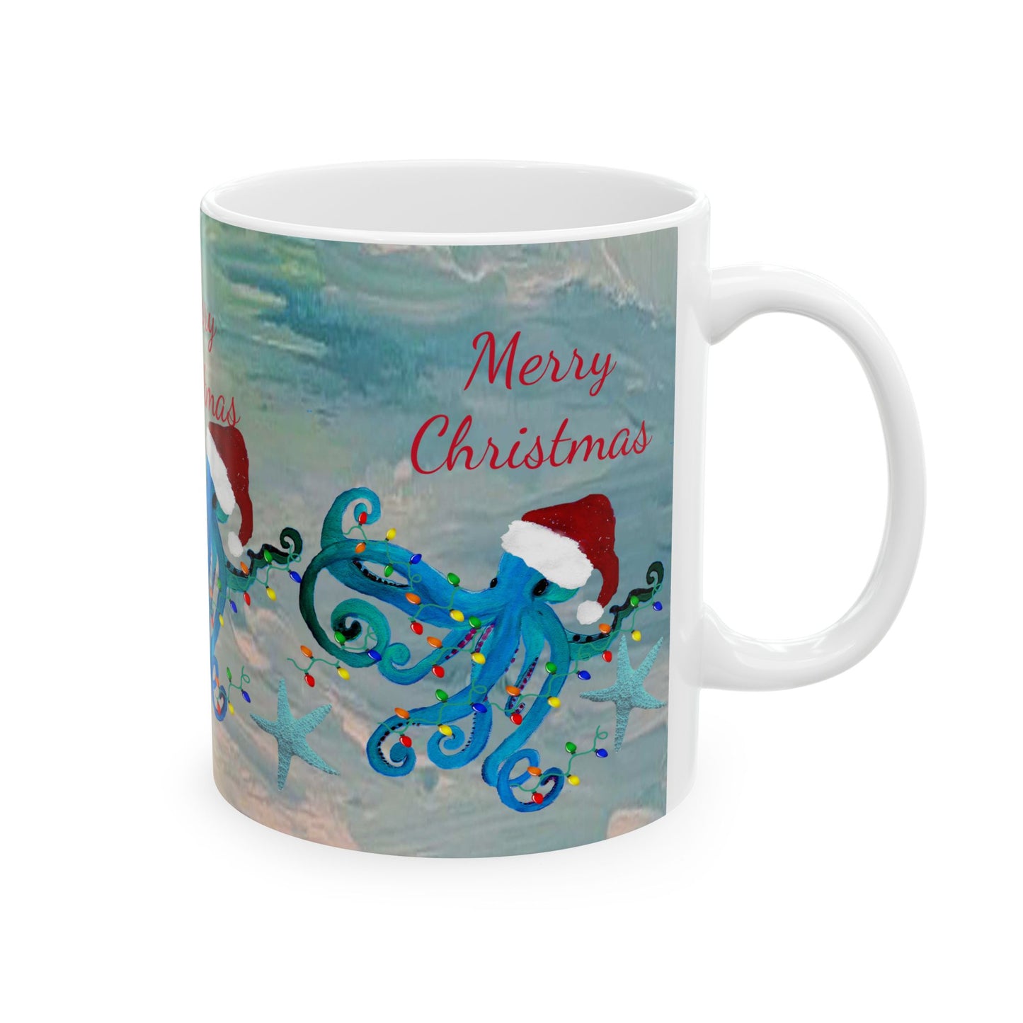 Christmas blue octopus in clearwater beach Ceramic Mug (11oz, 15oz) - Coastal Holiday Coffee Cup - Great Christmas Gift