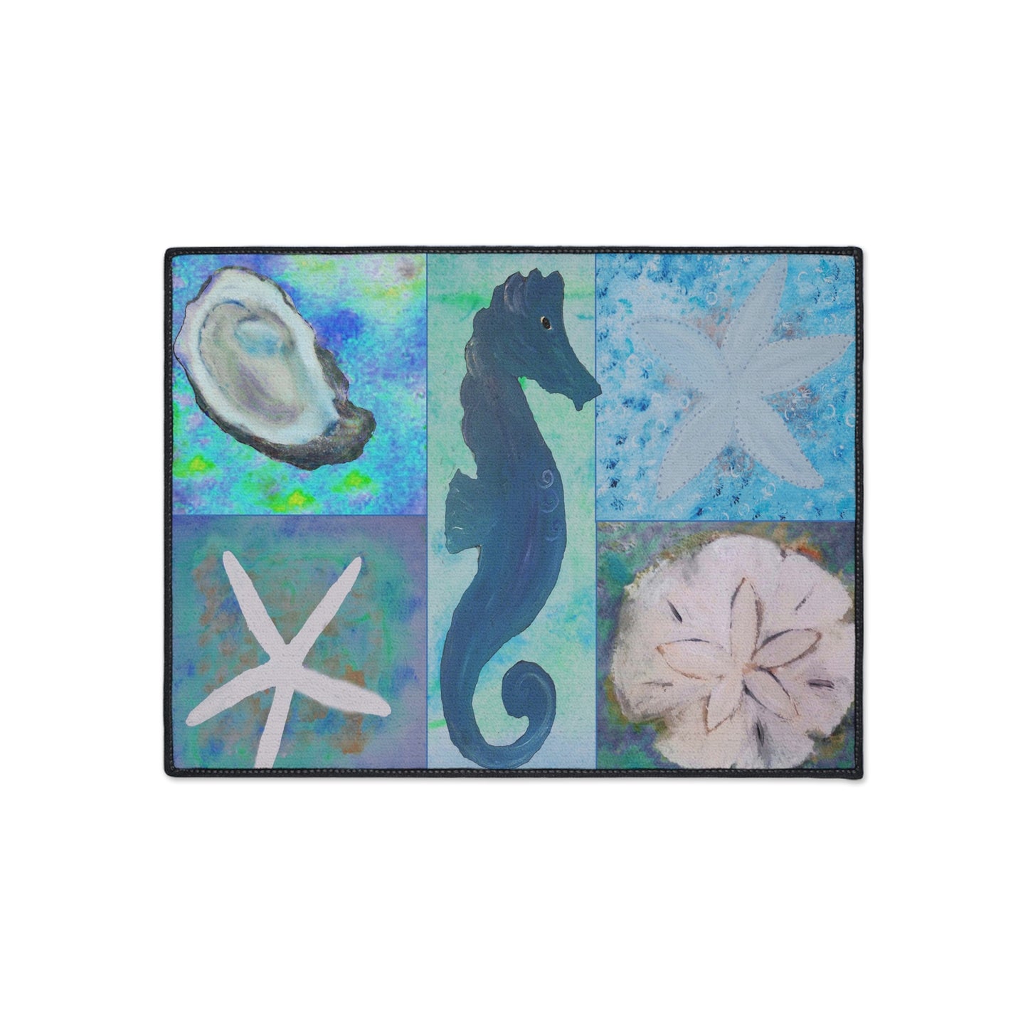 Seahorse and seashells blue Beach Home door floormat rug with non-skid backing- Available in 5 Sizes