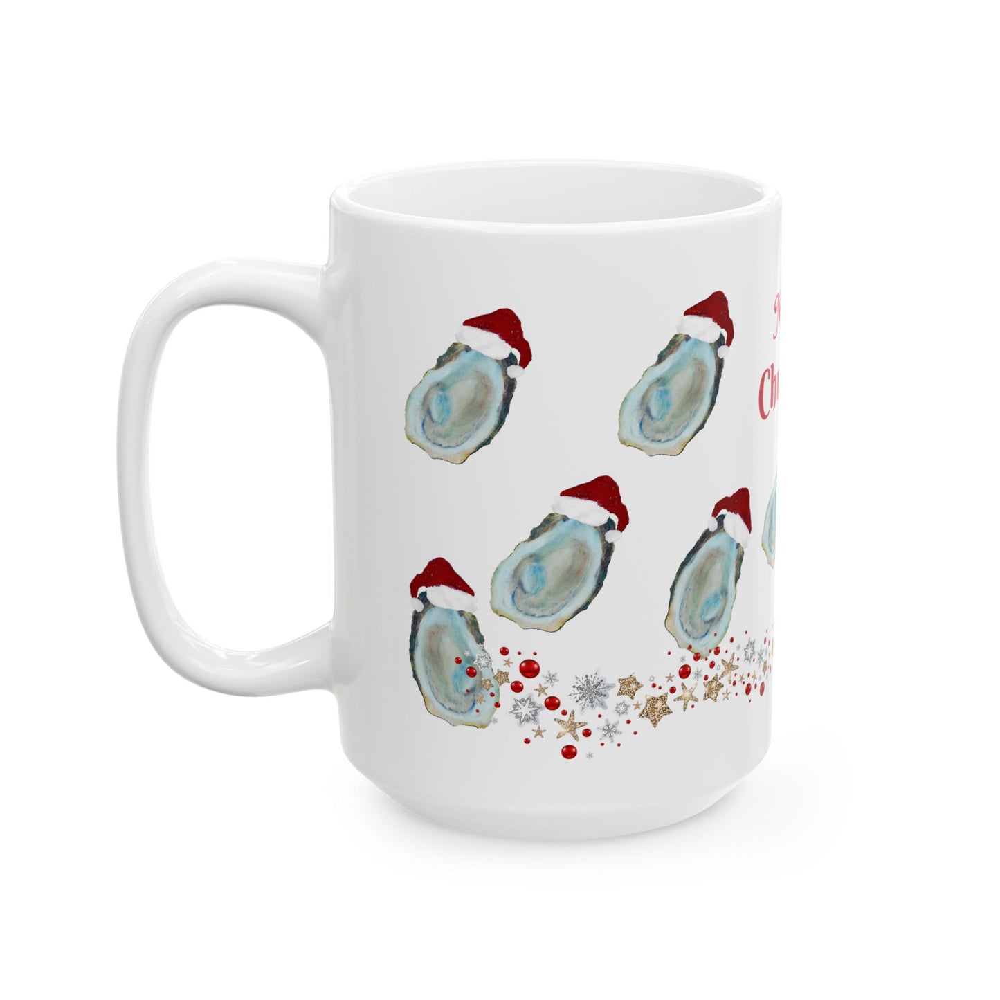 Coastal Christmas Santa oyster shells home seashells Christmas Ceramic Mug (11oz, 15oz) - Holiday Coffee Cup - Great Christmas Gift. Coastal kitchen mugs.