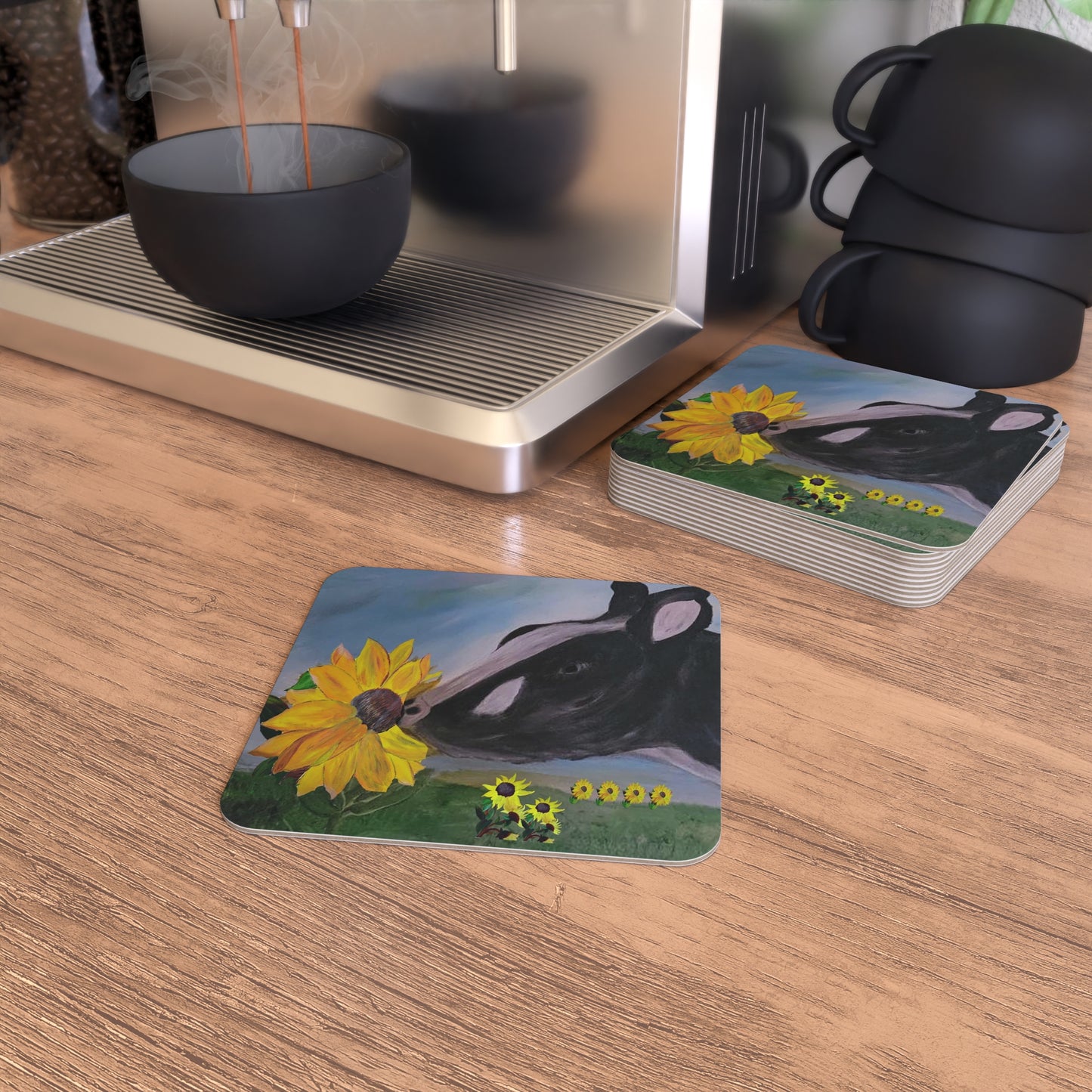 Farmhouse Coasters Set, Sunflower Cow Art Coasters, Rustic Kitchen Decor, Gift for Farmers, Barware Accessories, Floral Home Decor