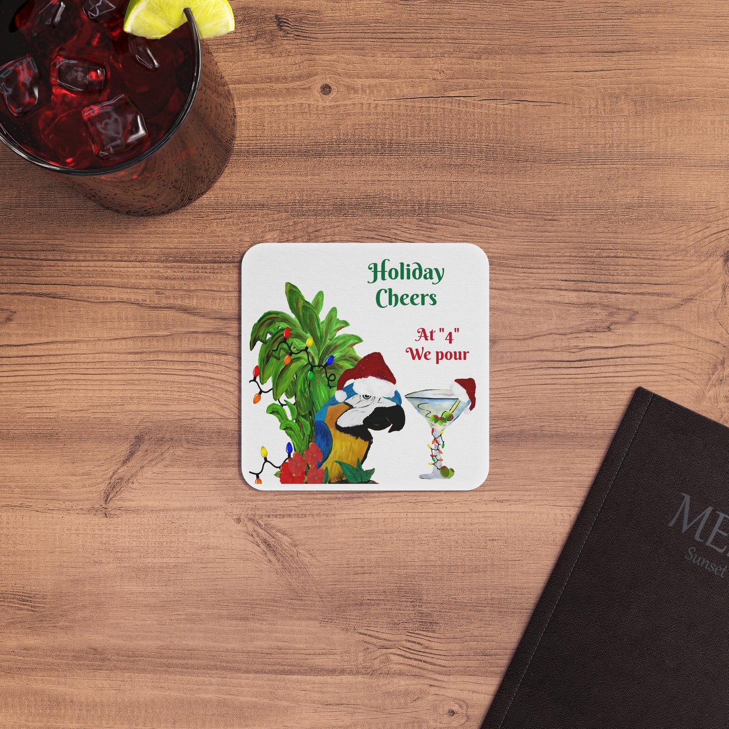 Martini Christmas Coasters Set Parrot Head Holiday Martini Party Bar Hardboard (50 or 100 pcs) Size 4 x 4 inches.