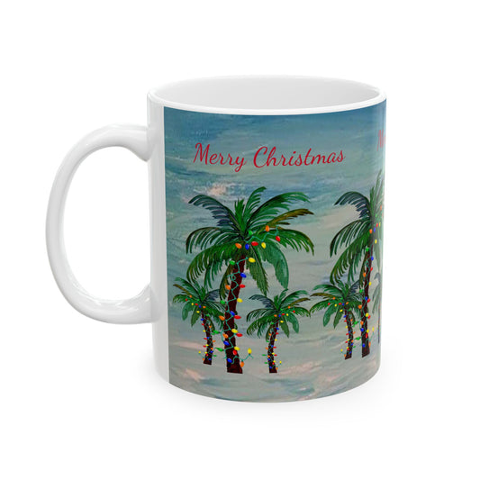 Christmas Palm Trees Ceramic Mug (11oz, 15oz) - Coastal Holiday Coffee Cup - Great Christmas Gift