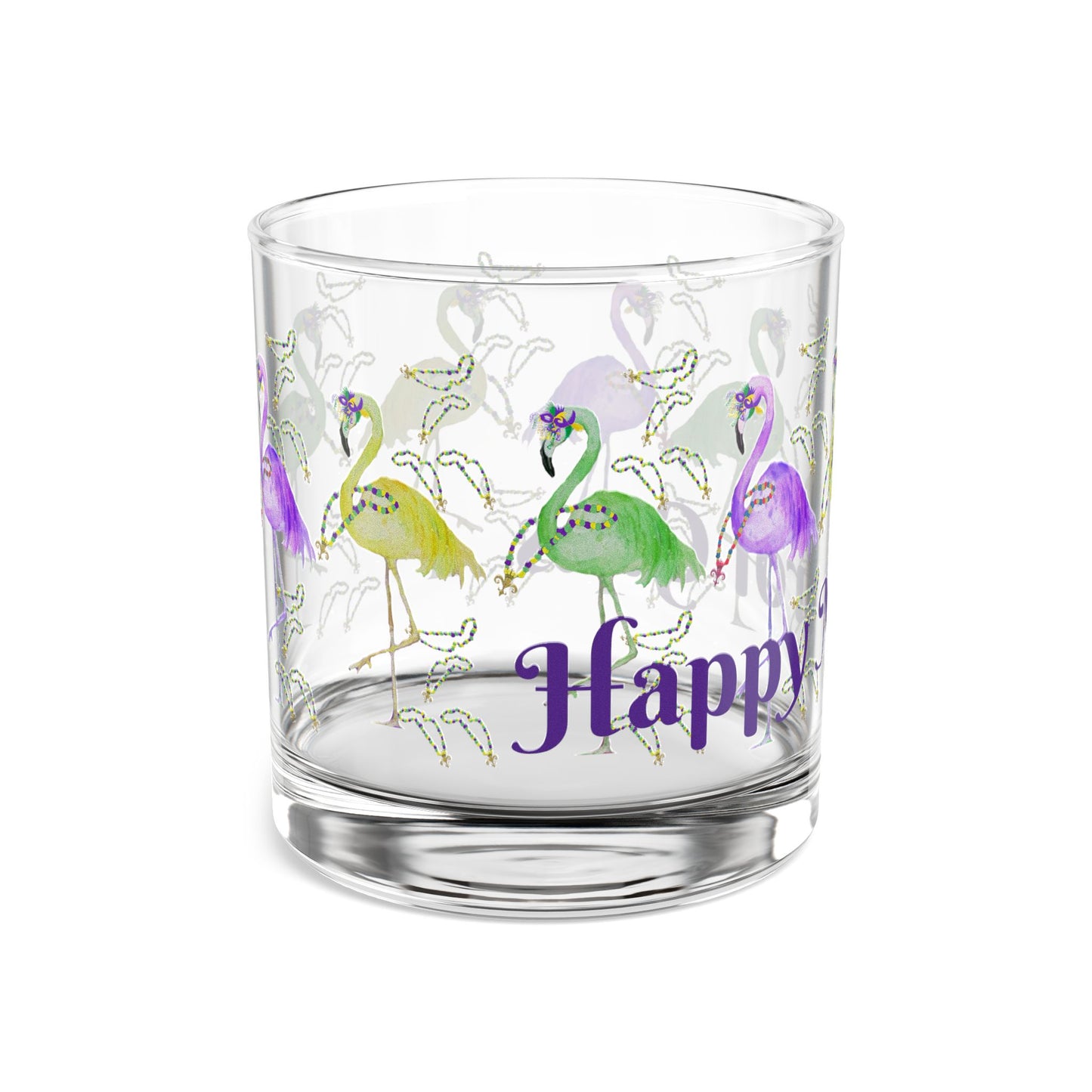 Mardi Gras Flamingos and beads party barware party cocktail Rocks Glass, 10oz