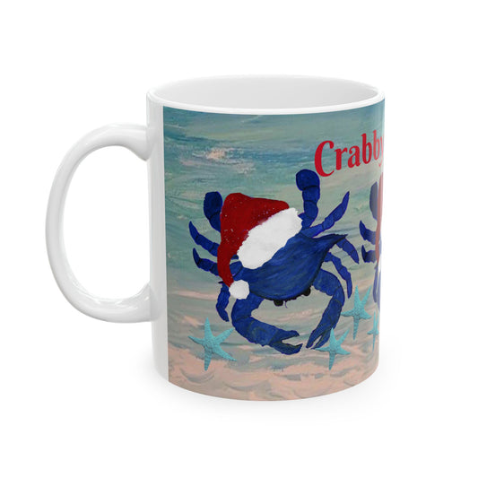 Crabby Christmas blue crab in clearwater beach coastal Holiday party Ceramic Mug (11oz, 15oz) - Coffee Cup - Funny Christmas Gift mug.