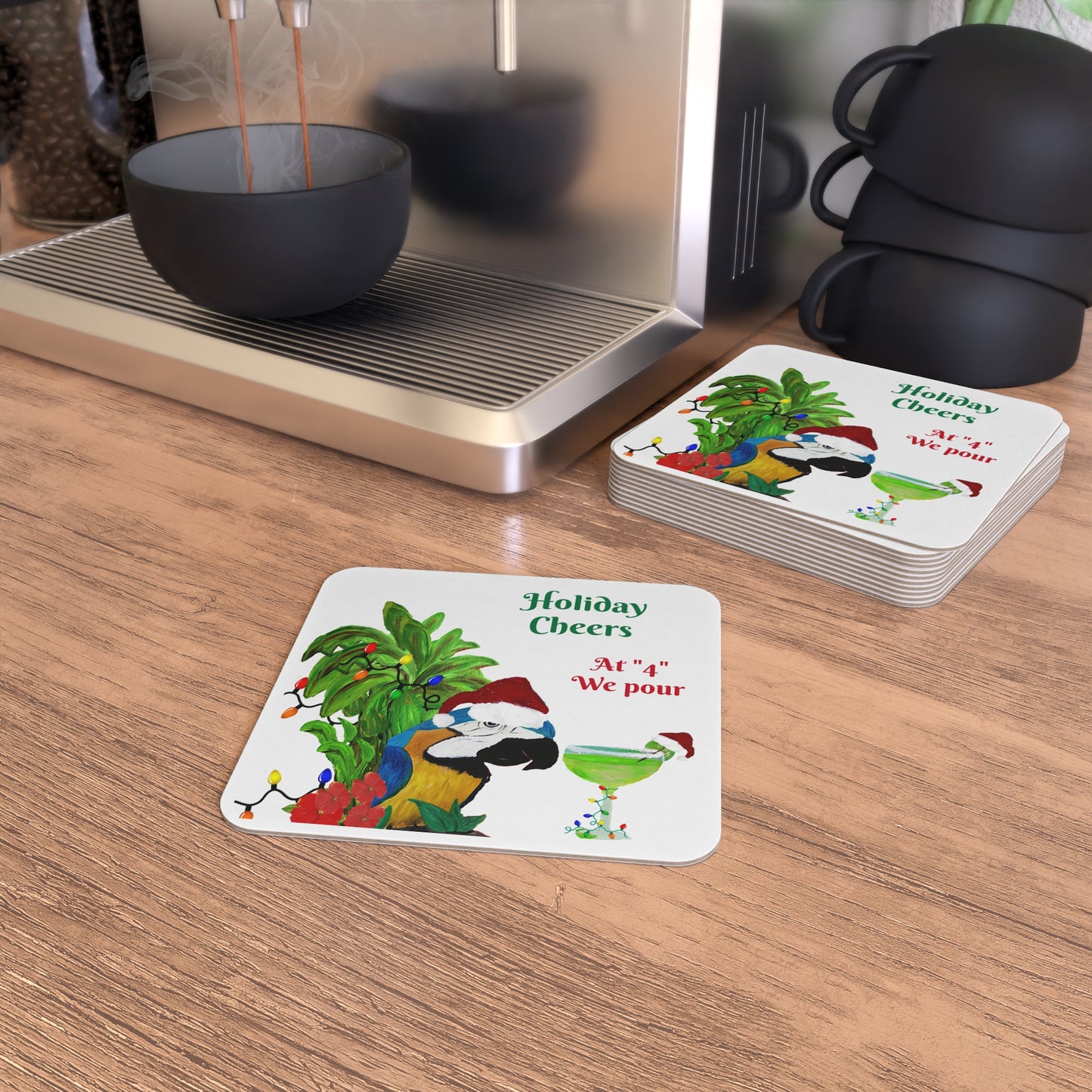 Coasters Set Christmas Parrot Head Holiday Margarita Party Bar Hardboard (50 or 100 pcs) Size 4&quot; square