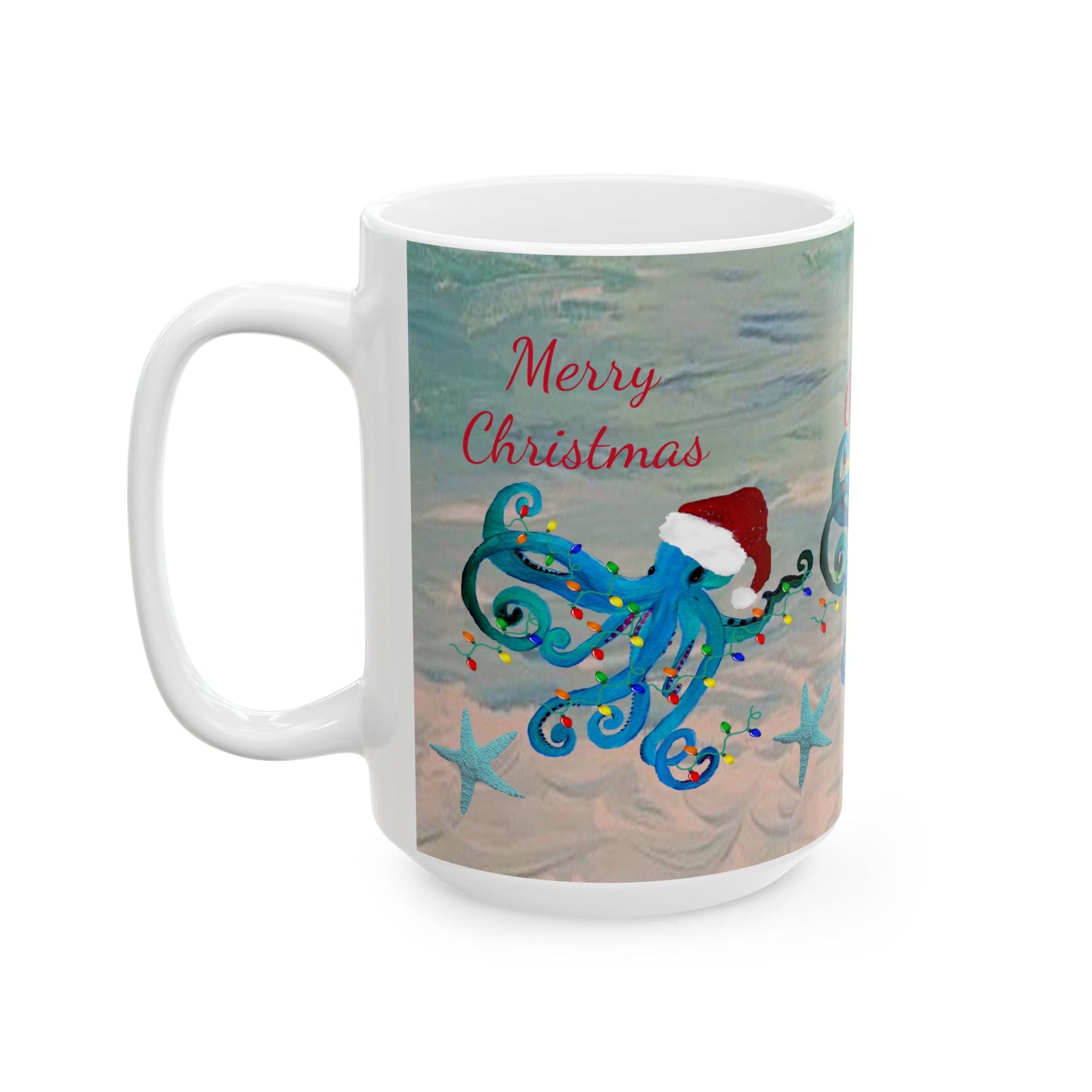 Christmas blue octopus in clearwater beach Ceramic Mug (11oz, 15oz) - Coastal Holiday Coffee Cup - Great Christmas Gift