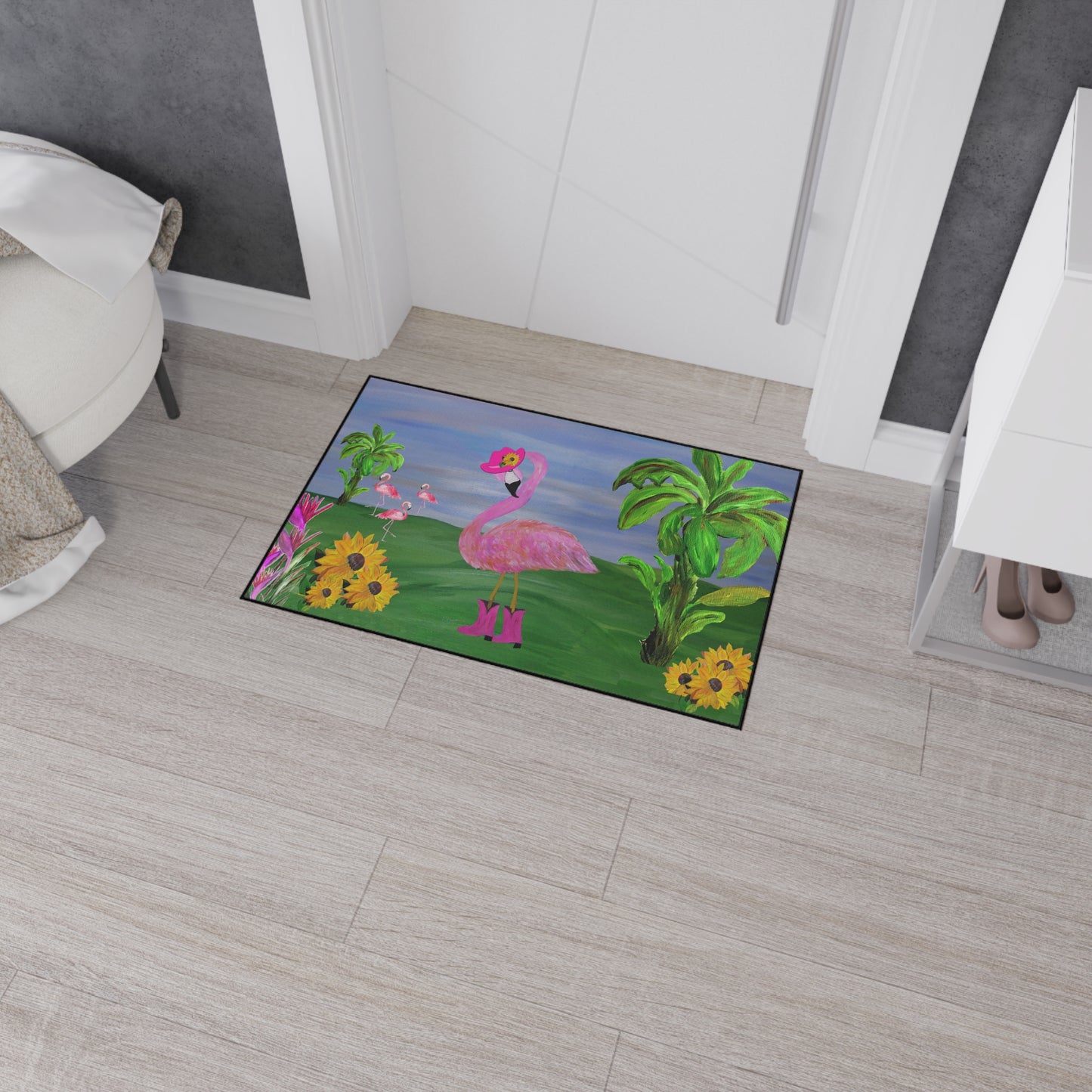 Coastal Country Cowgirl Flamingo in pink hat Home door floormat rug with non-skid backing- Available in 5 Sizes