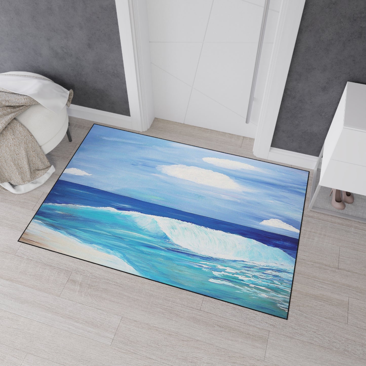 Floor Mat - Coastal Beach Wave Theme with Non-Skid Backing, 5 Sizes Available