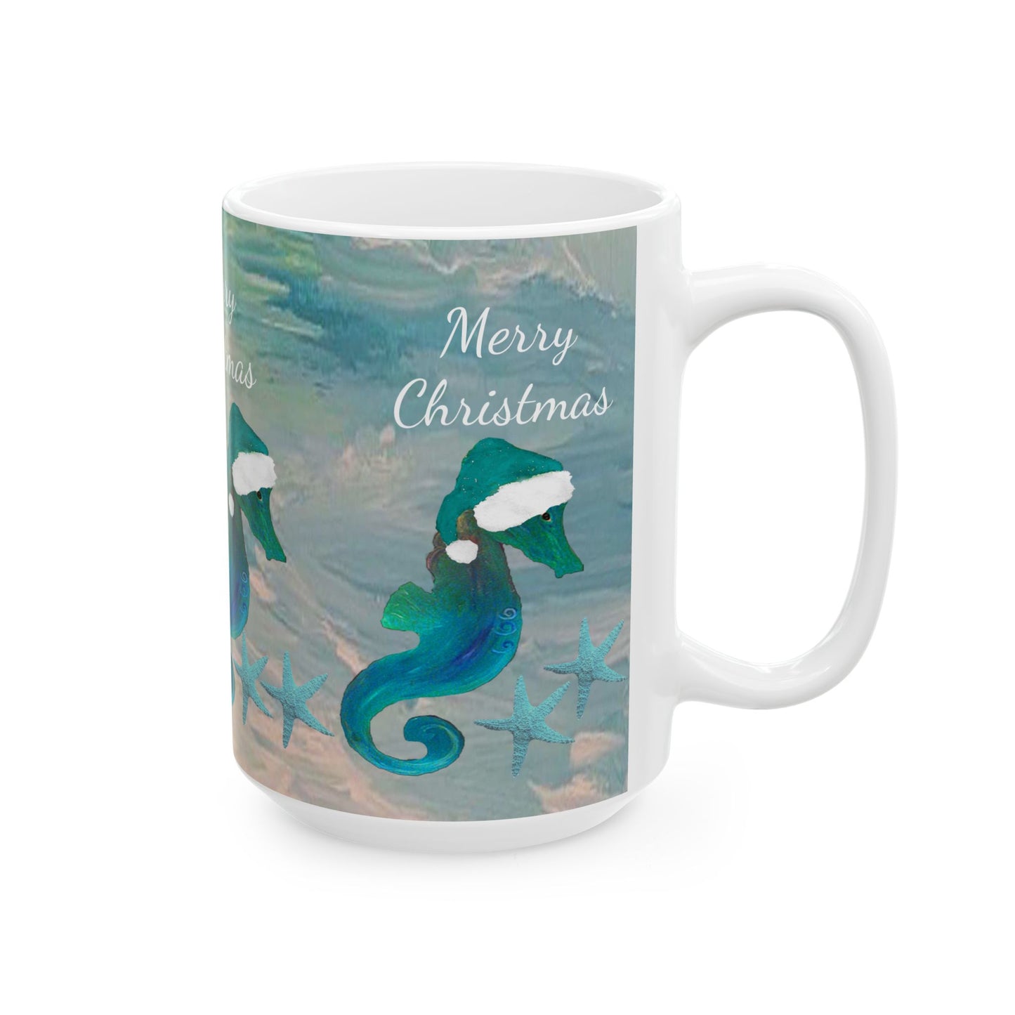 Christmas seahorse with teal Santa hat in clearwater beach Ceramic Mug (11oz, 15oz) - Coastal Holiday Coffee Cup - Great Christmas Gift