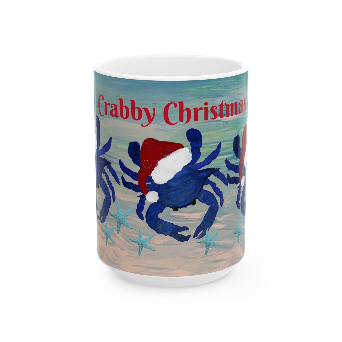 Crabby Christmas blue crab in clearwater beach coastal Holiday party Ceramic Mug (11oz, 15oz) - Coffee Cup - Funny Christmas Gift mug.