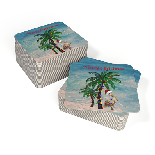 Pelican and palm trees Christmas tropical Holiday party Coasters Set Hardboard (50 or 100 pcs) Size 4 x 4 inches.