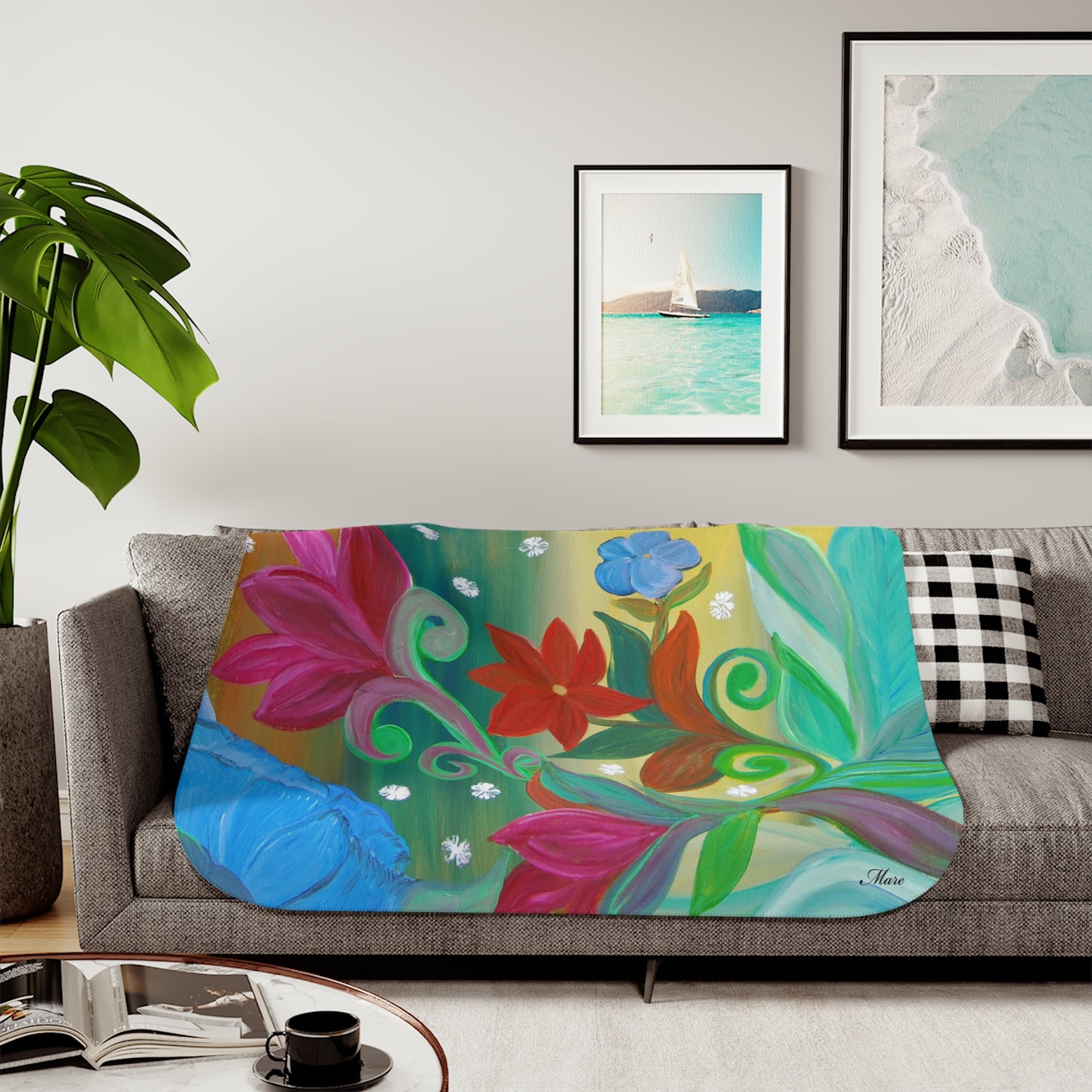 Bold floral intuitive art red, blue, greens Sherpa Blanket, Colorful flowers garden Design, Two Colors to choose from on reverse side.