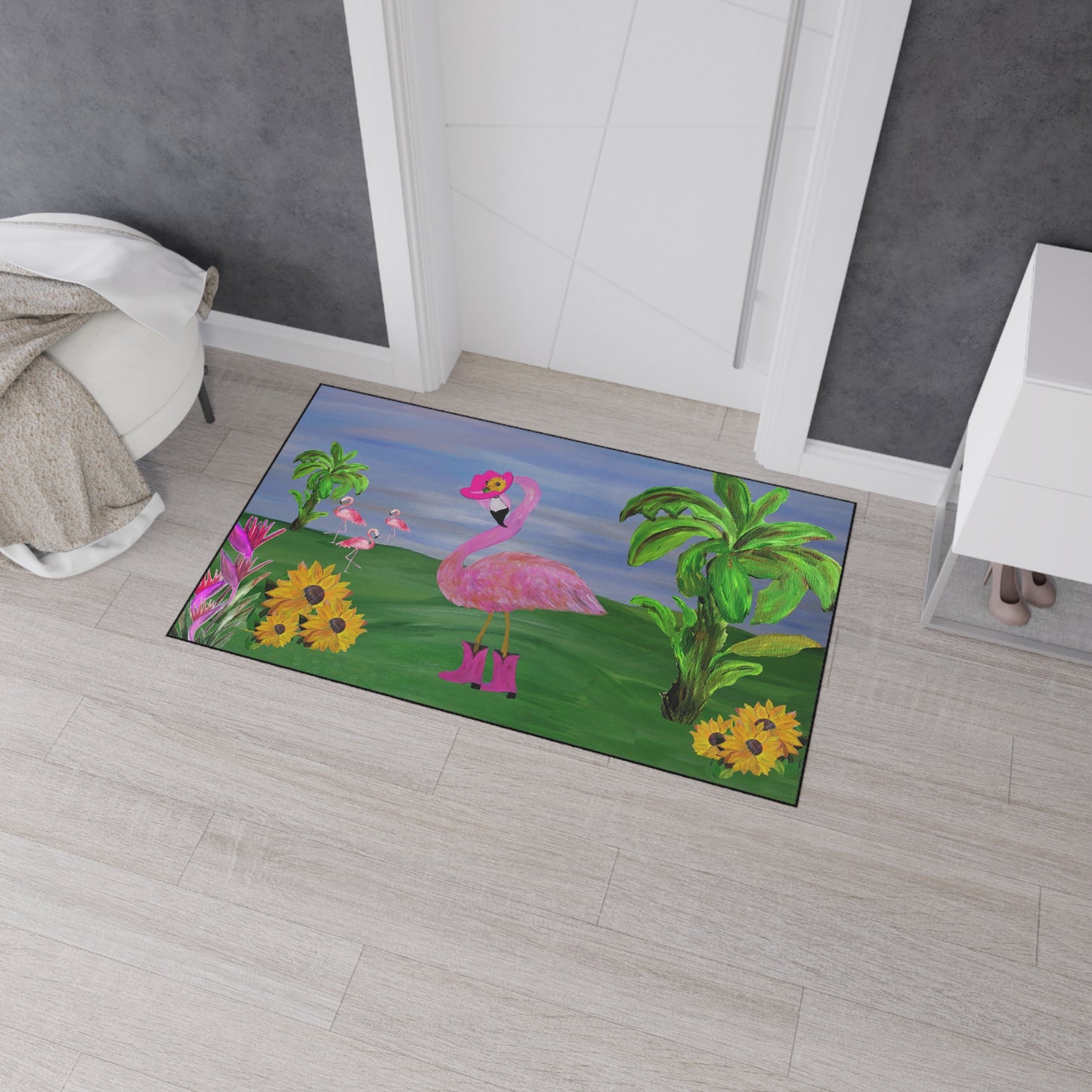 Coastal Country Cowgirl Flamingo in pink hat Home door floormat rug with non-skid backing- Available in 5 Sizes