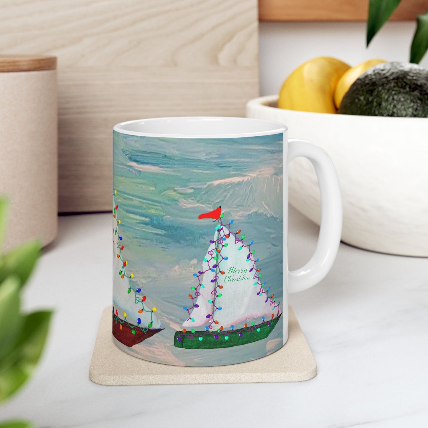 Nautical Christmas red and green sailboats Ceramic Mug (11oz, 15oz) - Coastal Holiday Coffee Cup - Great Christmas Gift