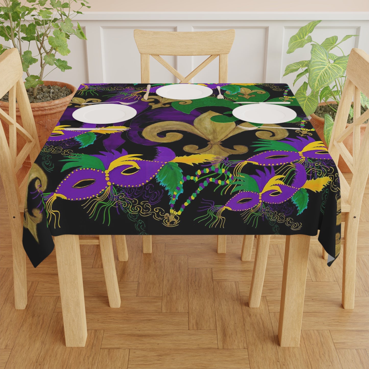 Mardi Gras Tablecloth - Festive Black Design with Masquerade Masks and Fleur-de-lis