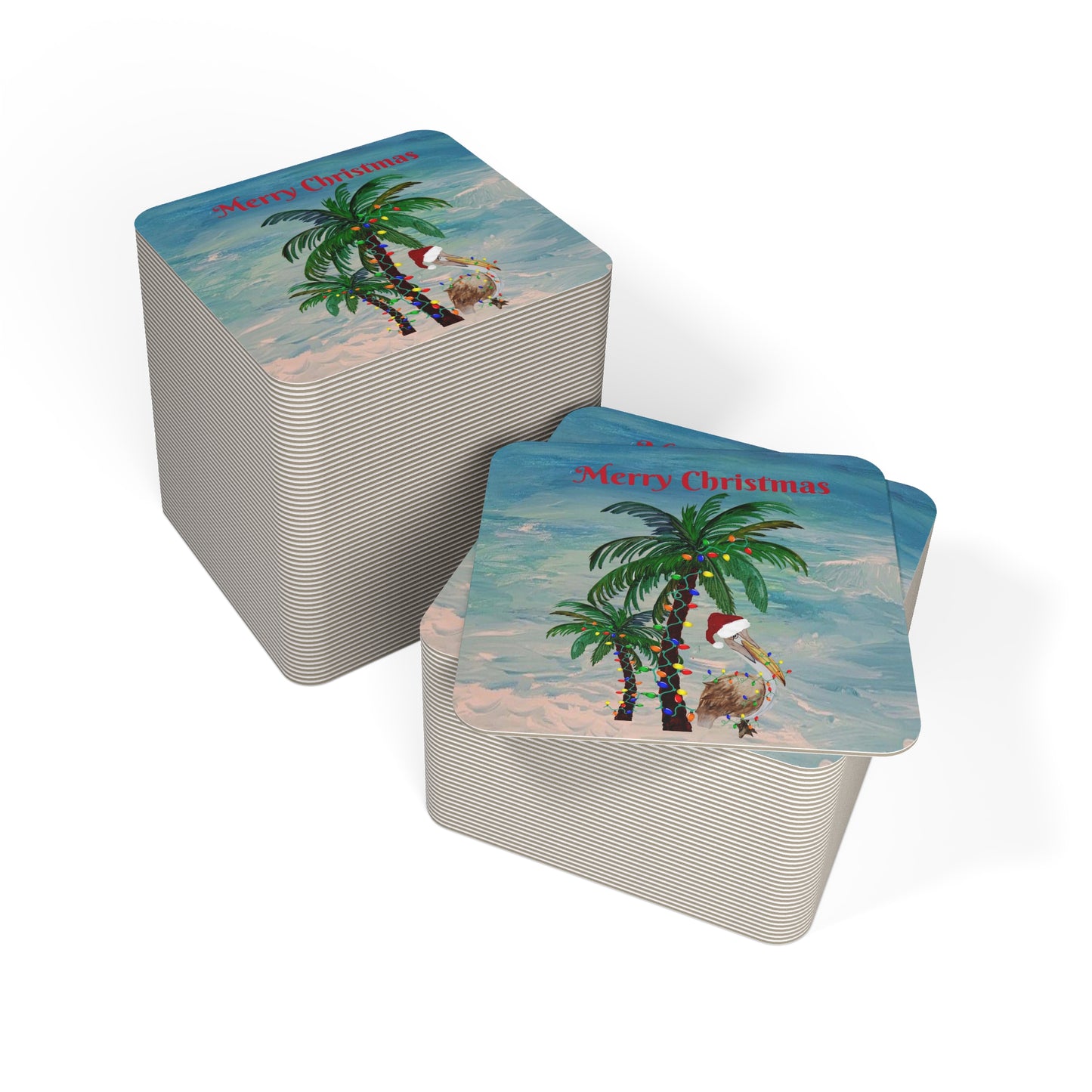 Pelican and palm trees Christmas tropical Holiday party Coasters Set Hardboard (50 or 100 pcs) Size 4 x 4 inches.