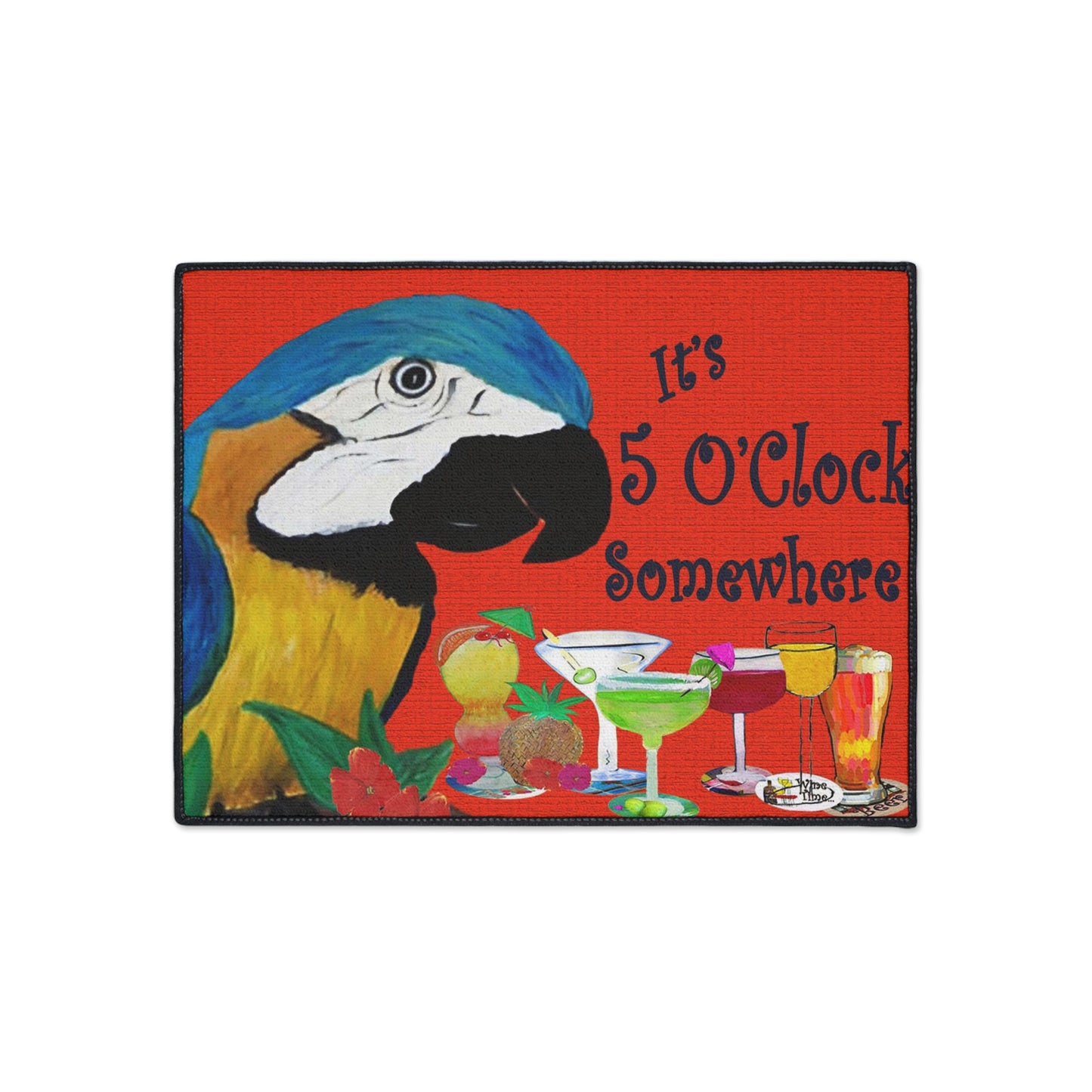 Parrot Head Tiki Beach Bar Tropical Drinks "Its' 5 O'clock somewhere" Theme Coastal Door Mat with Non-Skid Backing, 5 Sizes Available