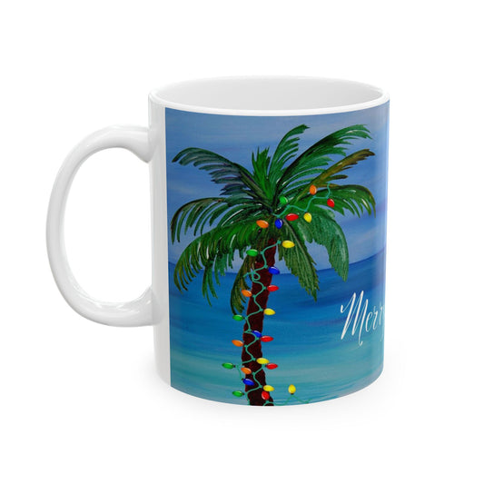 Tropical Christmas with decorated palm trees Ceramic Mug (11oz, 15oz) - Coastal Holiday Coffee Cup - Great Christmas Gift