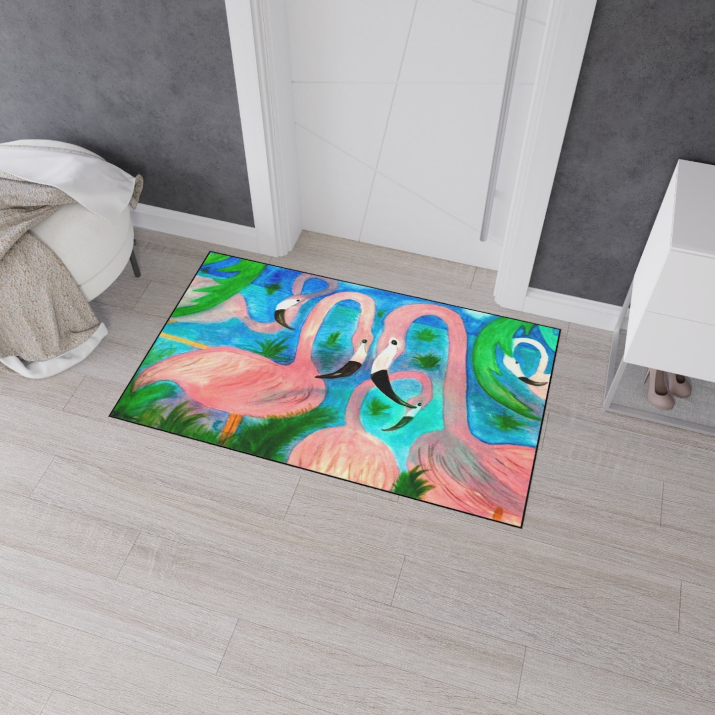 Flamingo party Coastal Beach Tropical Home Rug with Non-Skid Backing. Available in 5 sizes