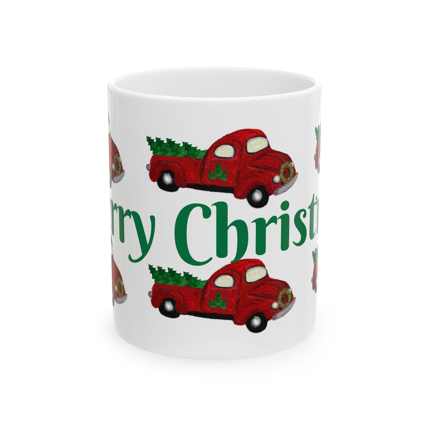 Red country pick up truck  Christmas Ceramic Mug (11oz, 15oz) - Coastal Holiday Coffee Cup - Great Christmas Gift