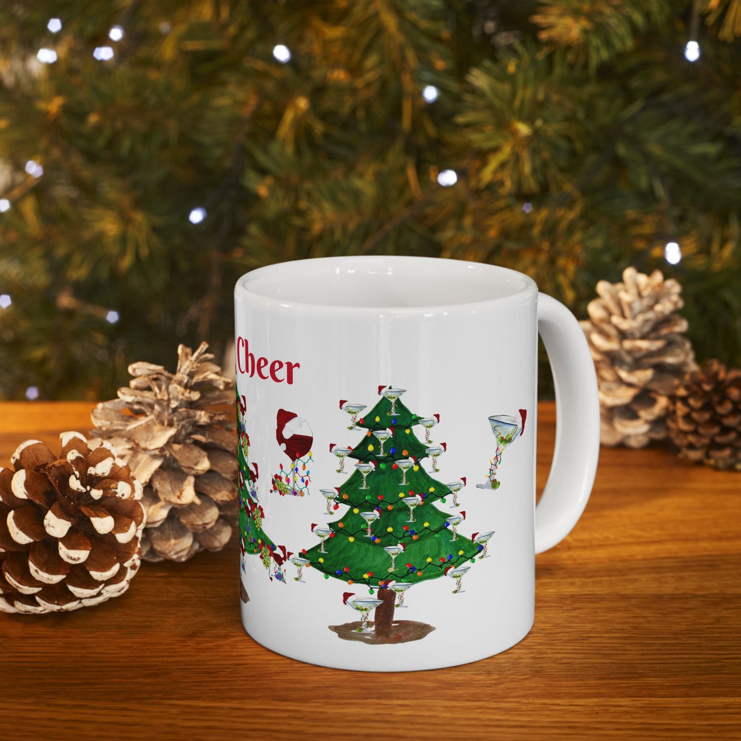 Festive Holiday cocktails of wine, martinis and margaritas decorated on Christmas trees cocktails Ceramic Mug (11oz, 15oz) - Holiday Coffee Cup - Great Christmas Gift