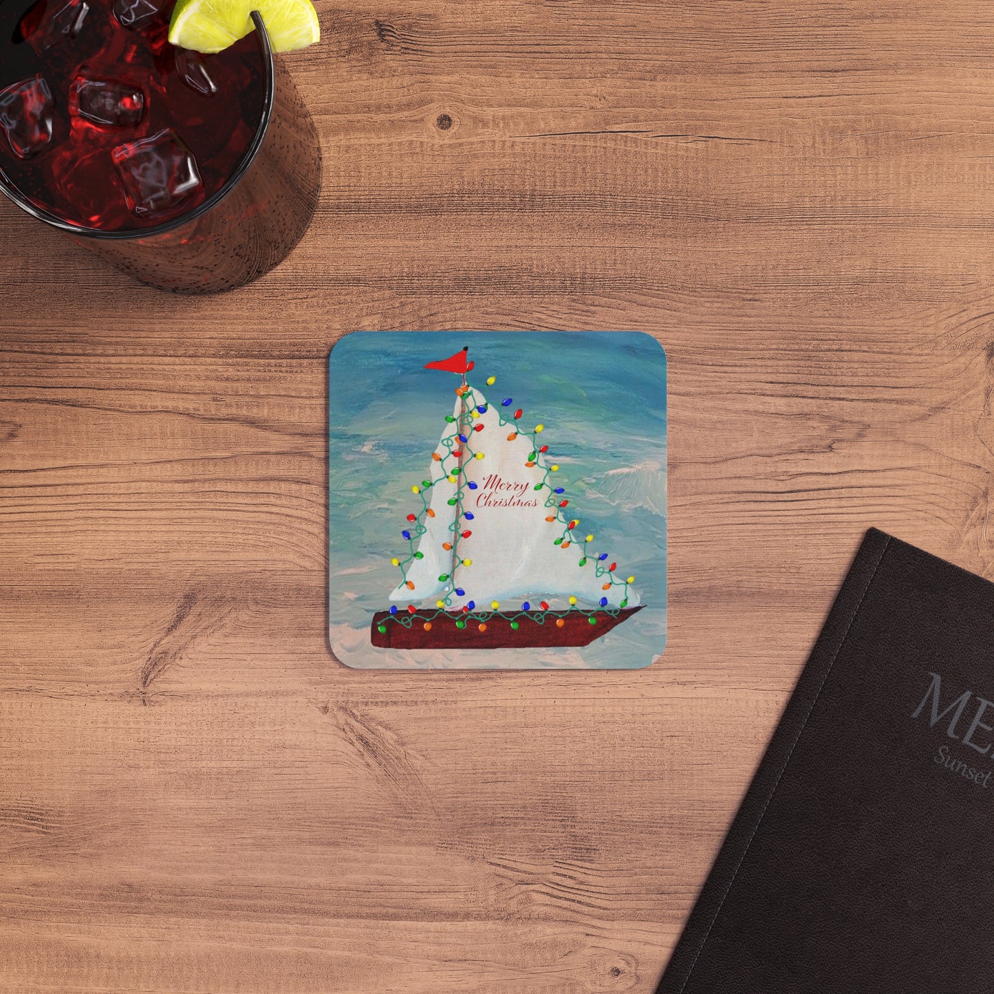 Christmas nautical boat parade with colorful Holiday lights party Coasters Set Hardboard (50 or 100 pcs) Size 4 x 4 inches.