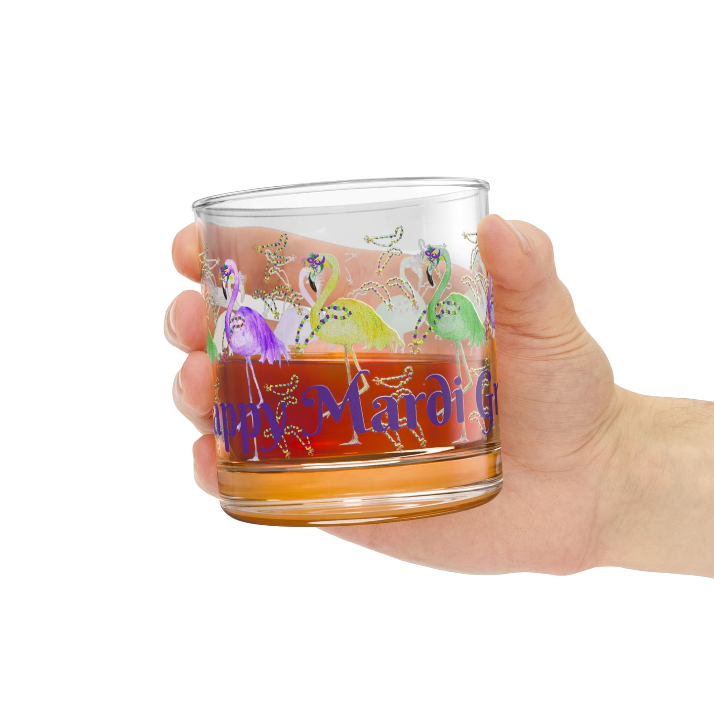 Mardi Gras Flamingos and beads party barware party cocktail Rocks Glass, 10oz