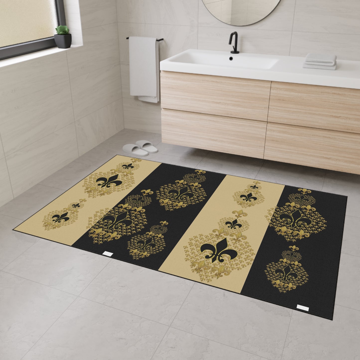 Fleur De Lis fancy gold and black indoor outdoor floormat with Non-Skid Backing, 5 Sizes Available