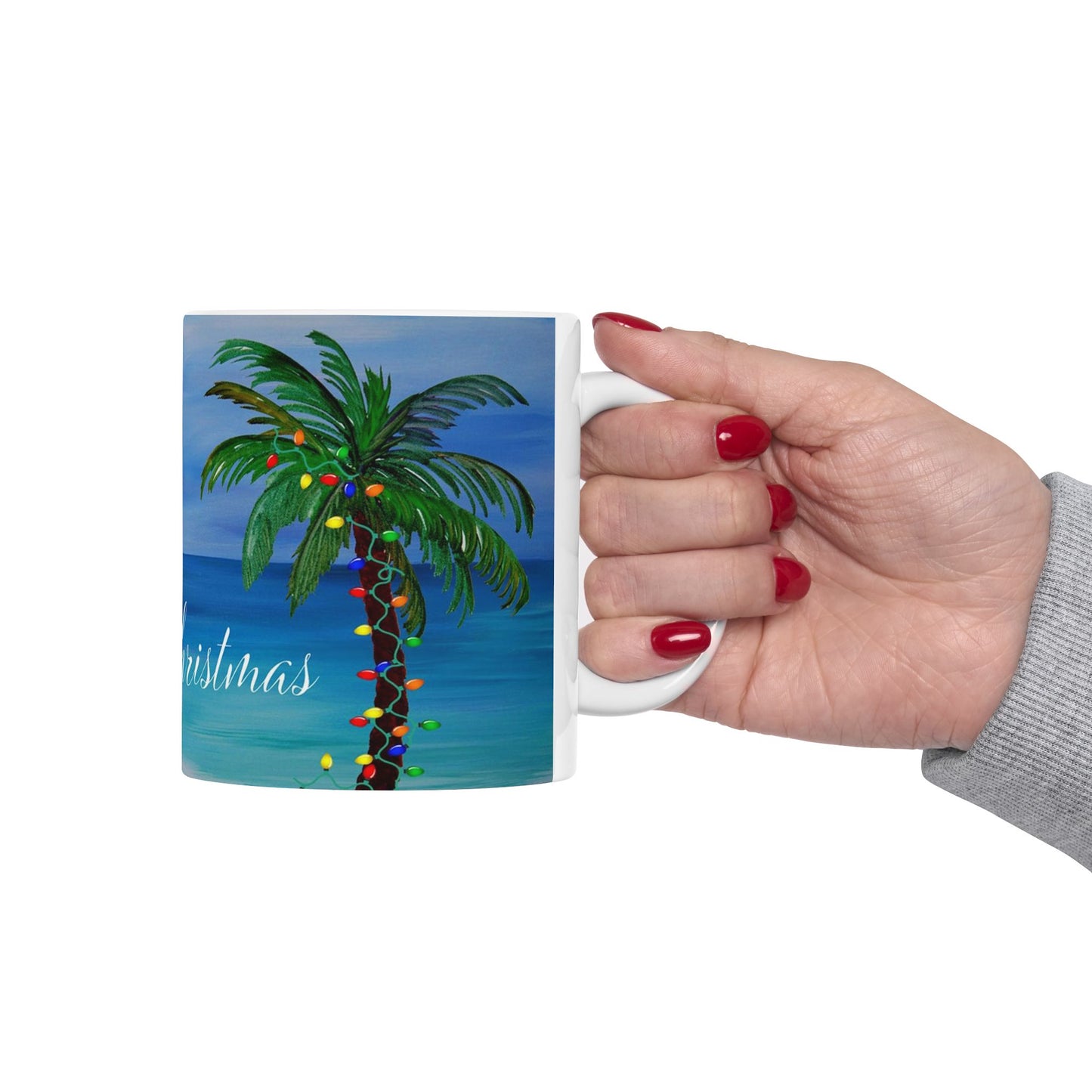 Tropical Christmas with decorated palm trees Ceramic Mug (11oz, 15oz) - Coastal Holiday Coffee Cup - Great Christmas Gift