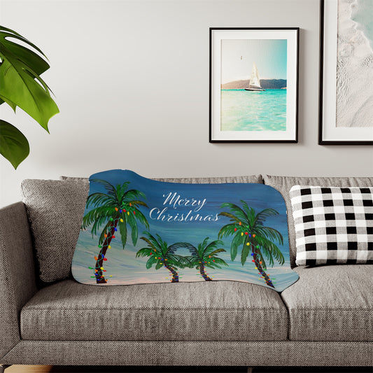 Palm trees tropical Christmas Holiday Sherpa Blanket, Two Colors on reverse of grey or beige.