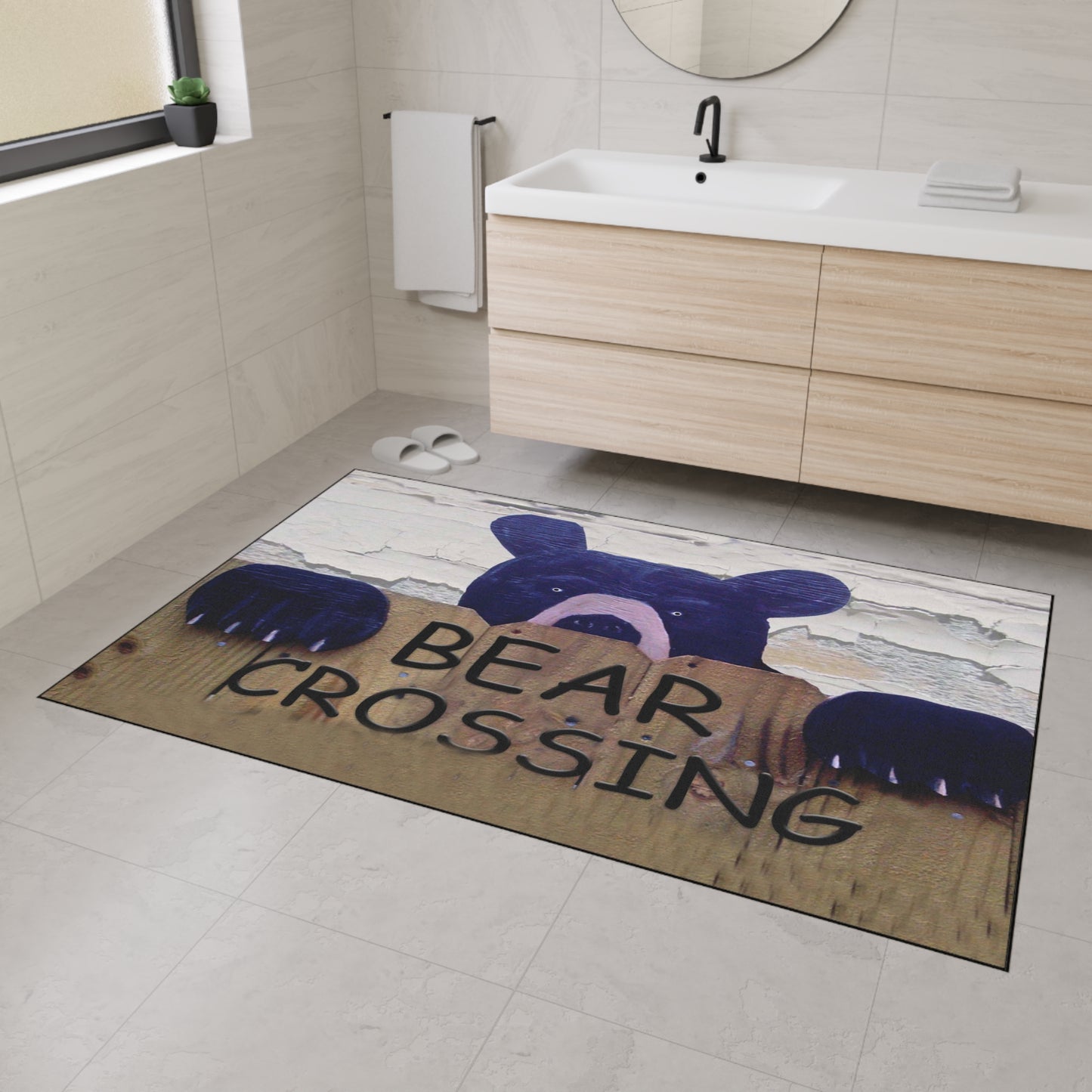 Bear crossing door floormat black bear Theme Non-Skid Backing. Available in 5 sizes with non-skid backing.