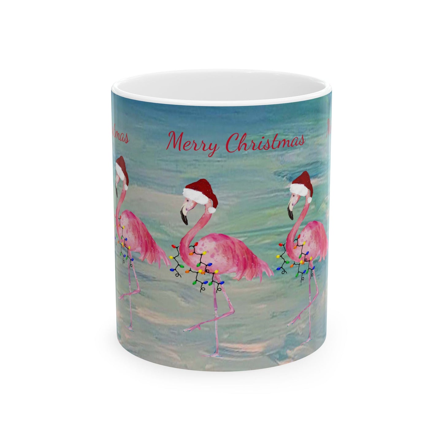 Flamingo Christmas on clearwater beach  Ceramic Mug (11oz, 15oz) - Coastal Holiday Coffee Cup - Great Christmas Gift