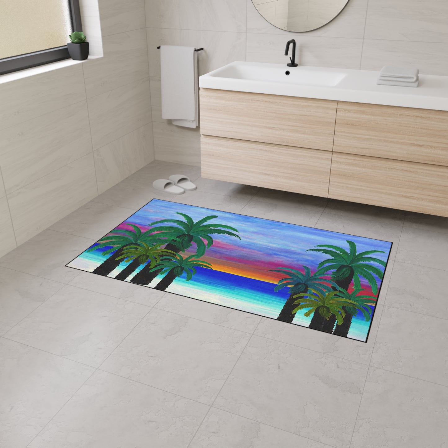 Sunset palm trees beach tropical home theme coastal door floormat for indoor or outdoor with Non-Skid Backing, 5 Sizes Available