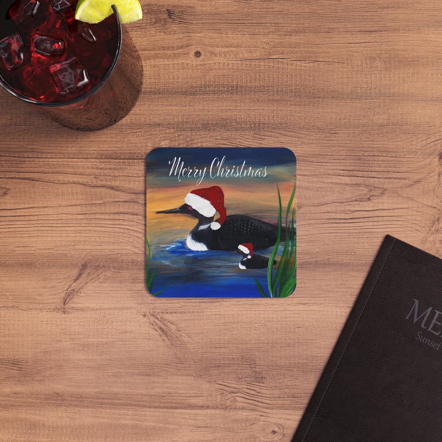 Loon Christmas lake house Holiday party Coasters Set Hardboard (50 or 100 pcs) Size 4 x 4 inches.