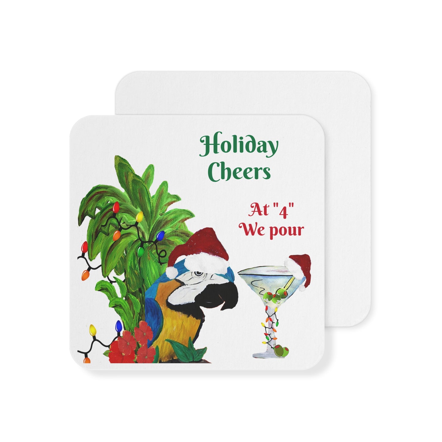 Martini Christmas Coasters Set Parrot Head Holiday Martini Party Bar Hardboard (50 or 100 pcs) Size 4 x 4 inches.