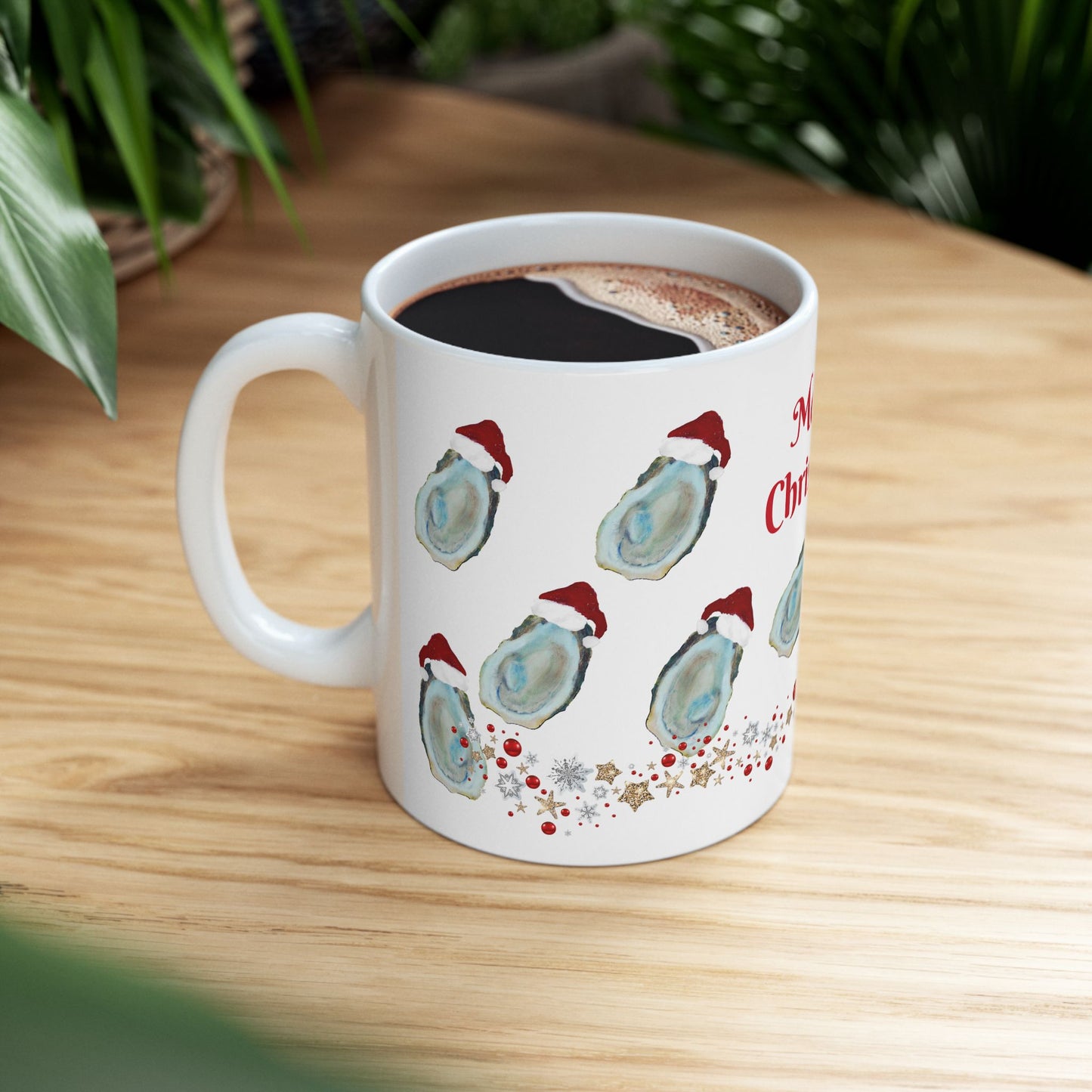 Coastal Christmas Santa oyster shells home seashells Christmas Ceramic Mug (11oz, 15oz) - Holiday Coffee Cup - Great Christmas Gift. Coastal kitchen mugs.