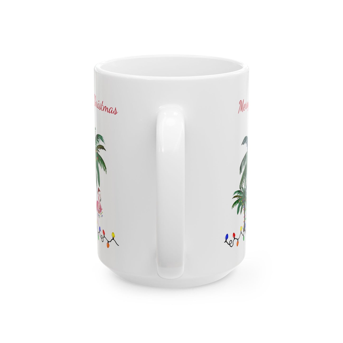 Christmas flamingo and Palm Trees Ceramic Mug (11oz, 15oz) - Coastal Holiday Coffee Cup - Great Christmas Gift